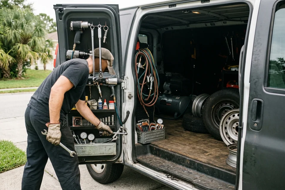 Side of the wrapped service van with the sliding door open, showing where the tools are stowed