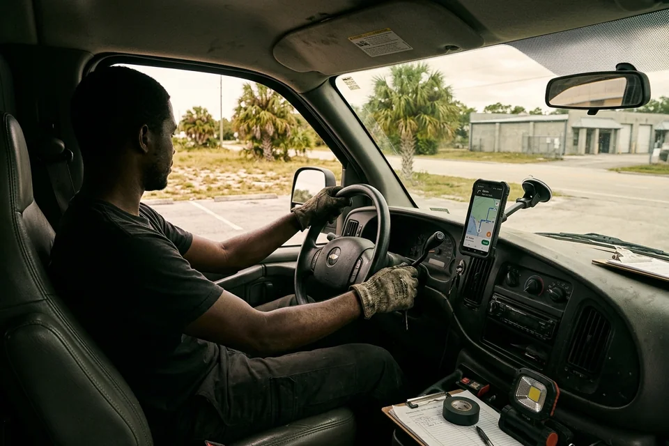 Technician in the service van checking a phone map before pulling out of a parking lot