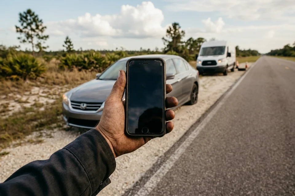 Close view of a phone held at the roadside with the screen off, a car and open shoulder behind it