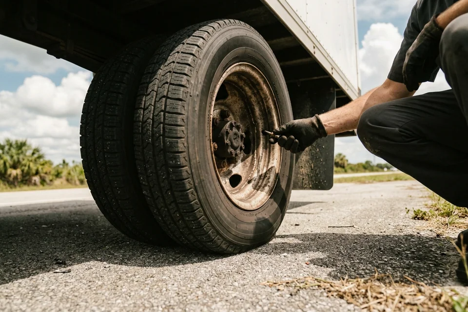 Close view of a box truck's dual rear wheels showing the inner and outer tire, the valve stem reaching through the outer wheel, and a flat inner dual