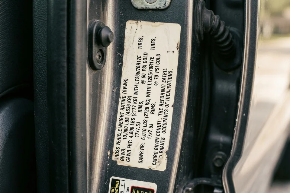 Close view of a work truck's door jamb placard listing the gross vehicle weight rating and the front and rear tire sizes a dispatcher needs on the call