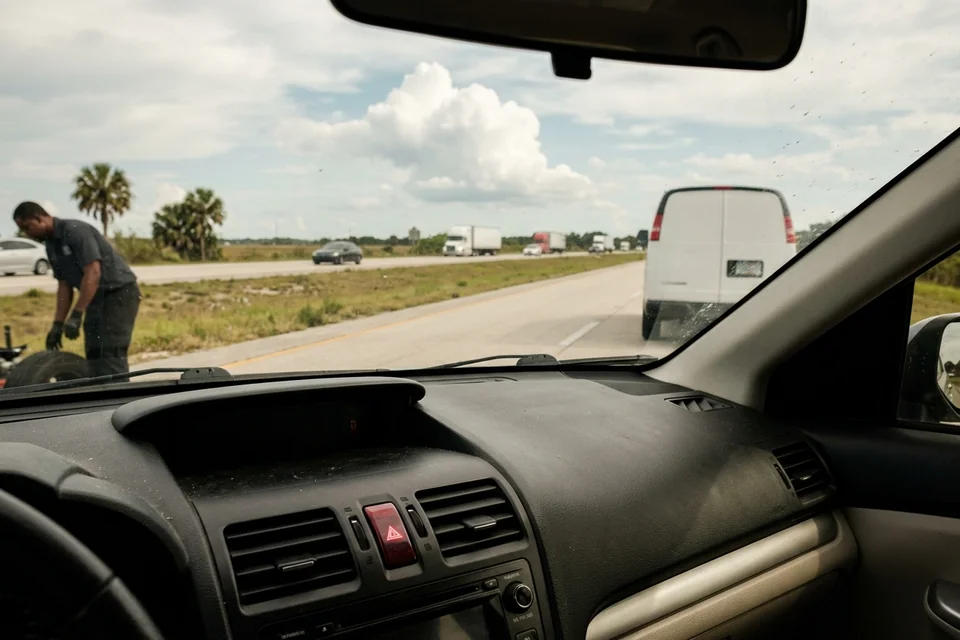 Driver's view of a dashboard with the hazard lights flashing while the car sits on a wide paved shoulder in daylight