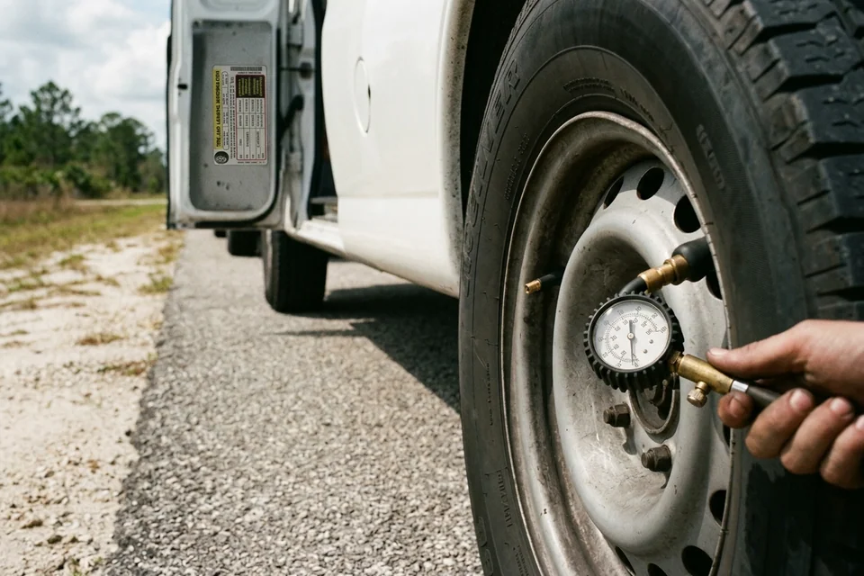 Close view of a tire pressure gauge on the valve stem of a work van tire, with the door jamb placard visible behind it