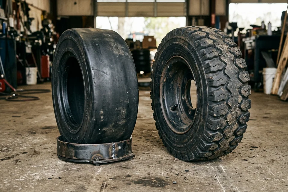 Two forklift tires side by side on a shop floor, a smooth press-on solid tire and a treaded pneumatic tire on its rim