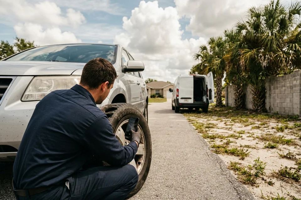 A driver crouched beside a parked SUV photographing the tire sidewall with a phone so the size can be read