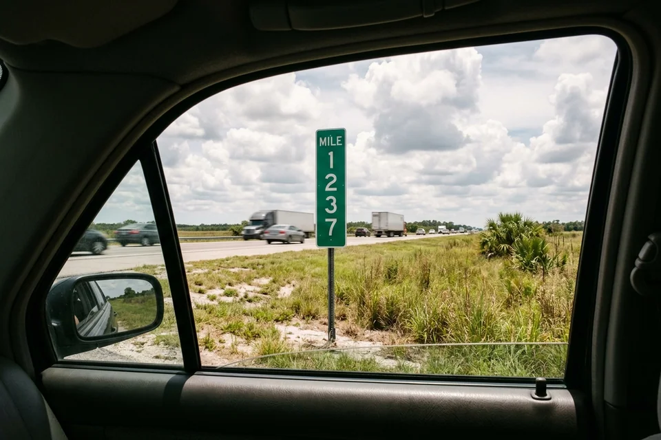 Green mile marker post seen through the passenger window of a car stopped on an interstate shoulder