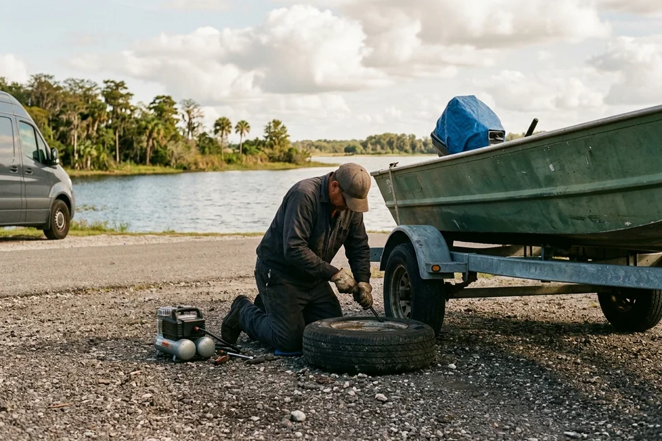 Technician at a boat trailer tire in a gravel lot beside a Polk County lake