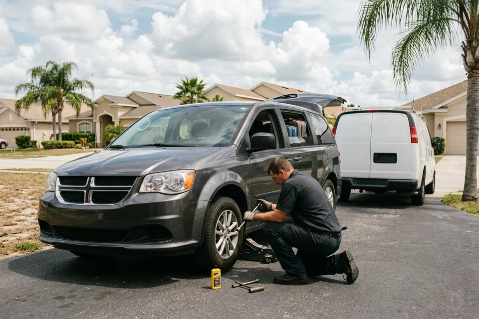 Technician at the front wheel of a minivan in the driveway of a vacation rental home off US-27 near Four Corners, luggage in the open trunk