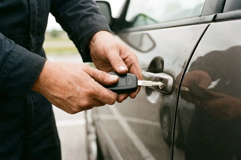 Close view of a key fob with its hidden metal emergency key slid out, held next to a car door handle