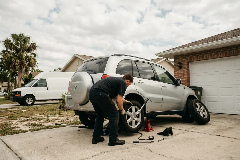 Technician torquing a wheel in a star pattern on an SUV in a home driveway, the old tire leaning against the garage door