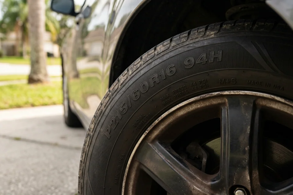 Close view of a tire sidewall with the size markings in focus, the detail a caller photographs so the quote can be accurate before dispatch