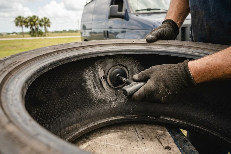 One-piece plug and patch repair unit held against a tire's inner liner, showing the stem for the hole and the patch for the liner
