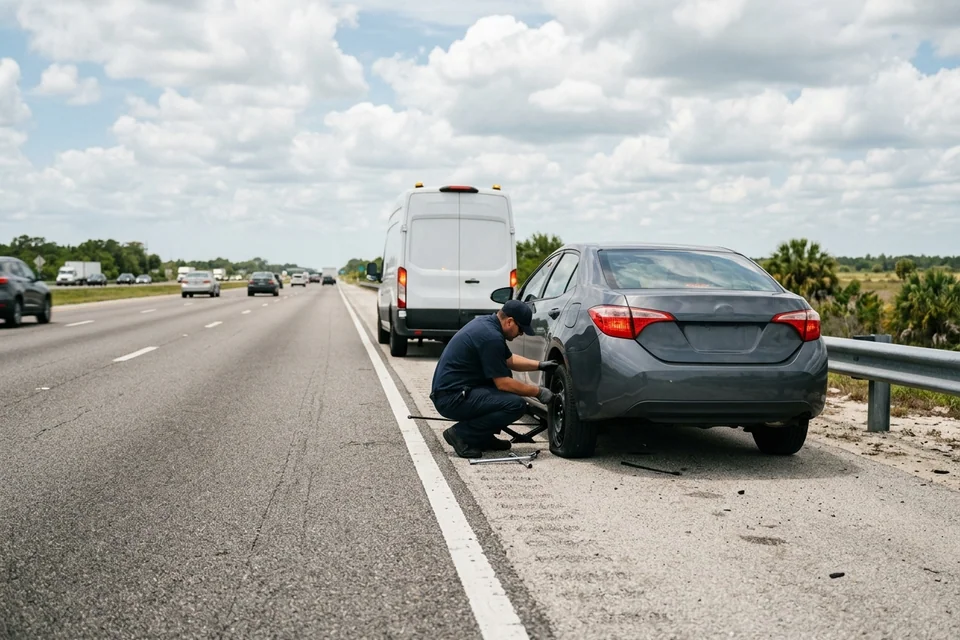 Car stopped on a wide paved shoulder near Windermere with hazards on while a technician inspects the tire