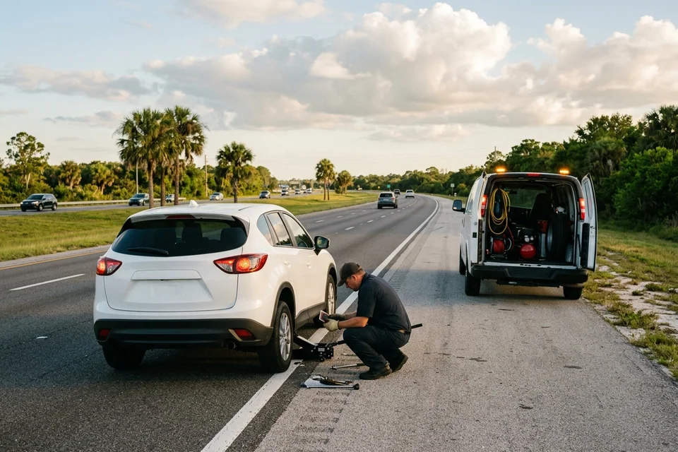 Car stopped on a wide paved shoulder near Maitland with hazards on while a technician inspects the tire
