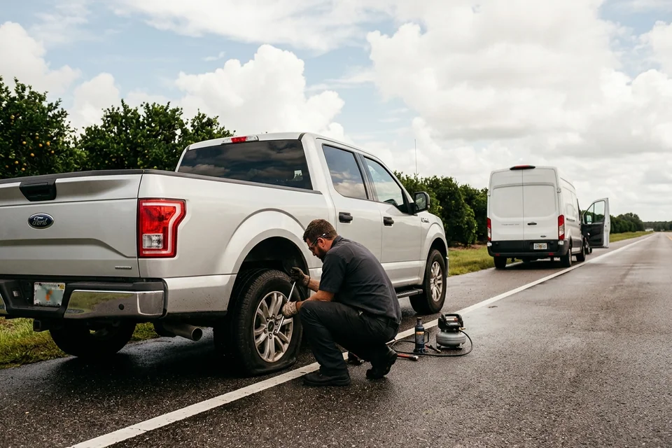 Car stopped on a wide paved shoulder near Winter Park with hazards on while a technician inspects the tire