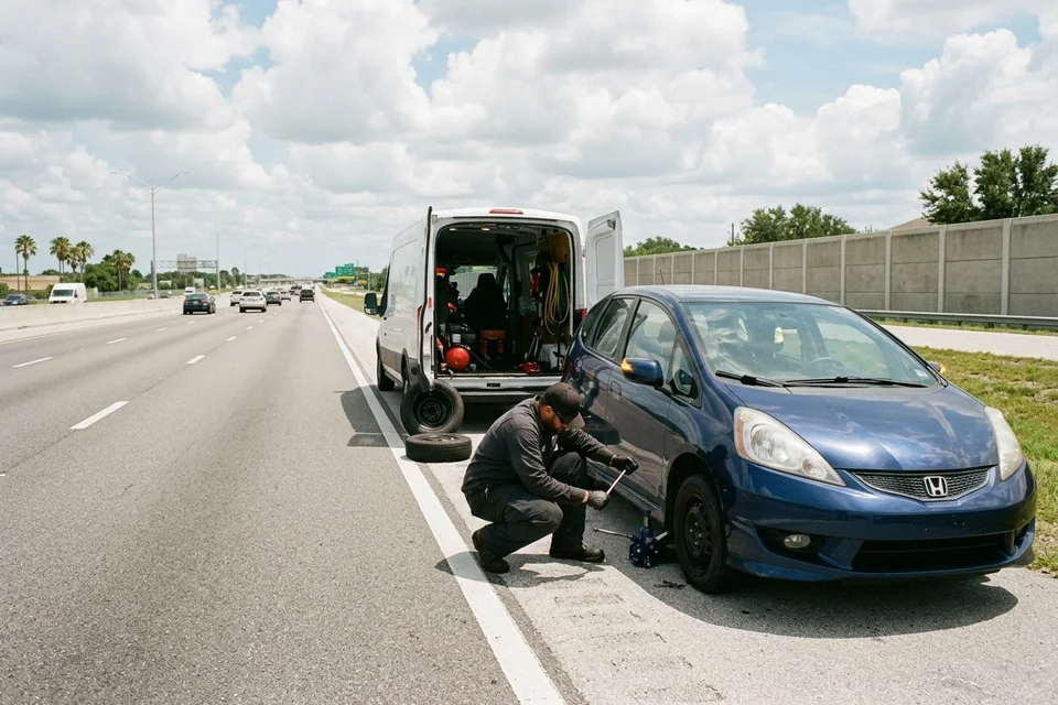 Car stopped on a wide paved shoulder near Leesburg with hazards on while a technician inspects the tire