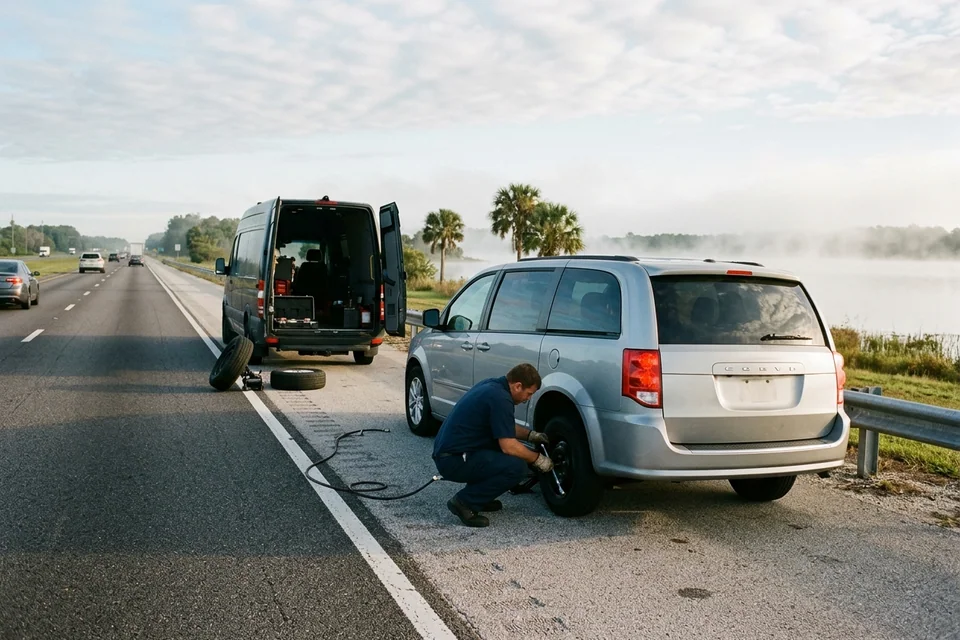 Car stopped on a wide paved shoulder near Bartow with hazards on while a technician inspects the tire