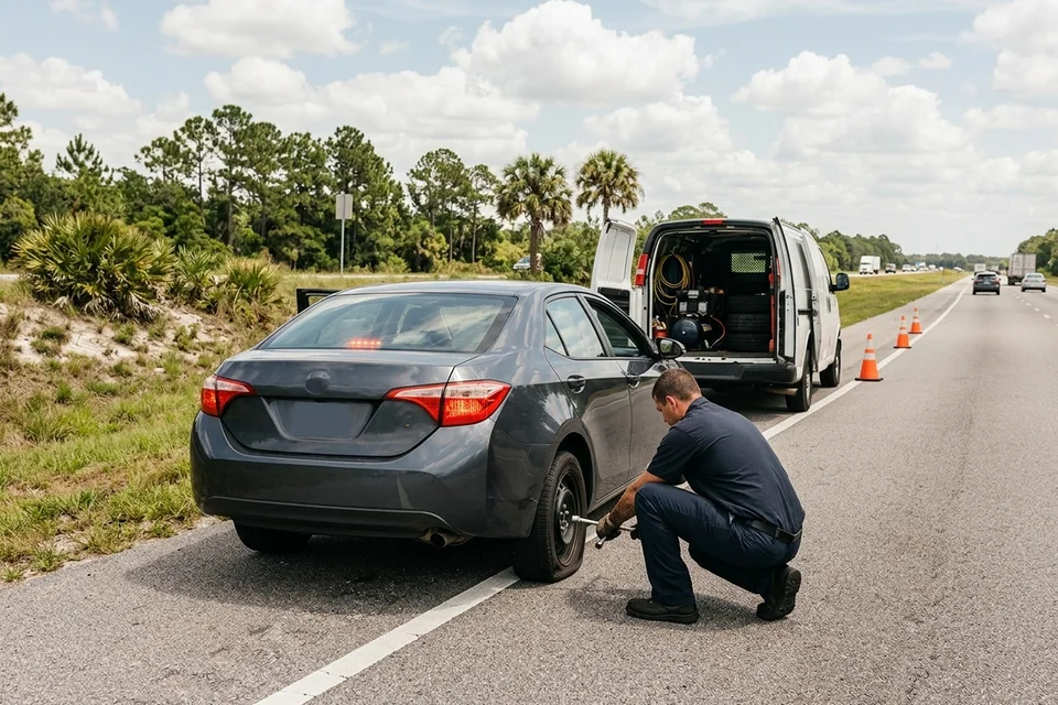 Car stopped on a wide paved shoulder near Ocala with hazards on while a technician inspects the tire