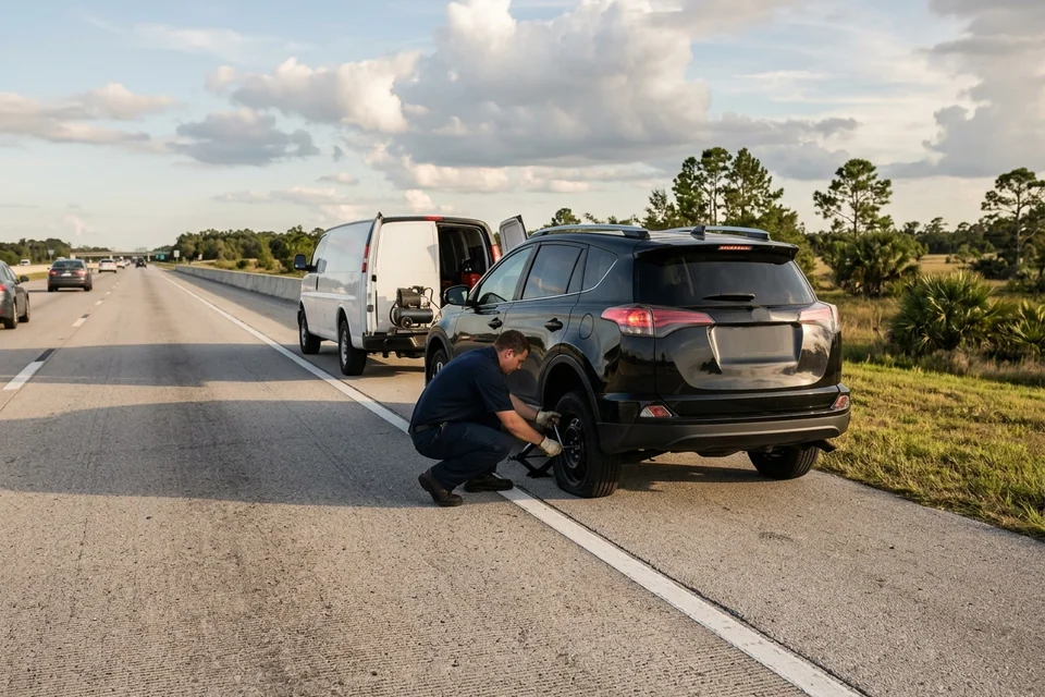 Car stopped on a wide paved shoulder near Frostproof with hazards on while a technician inspects the tire