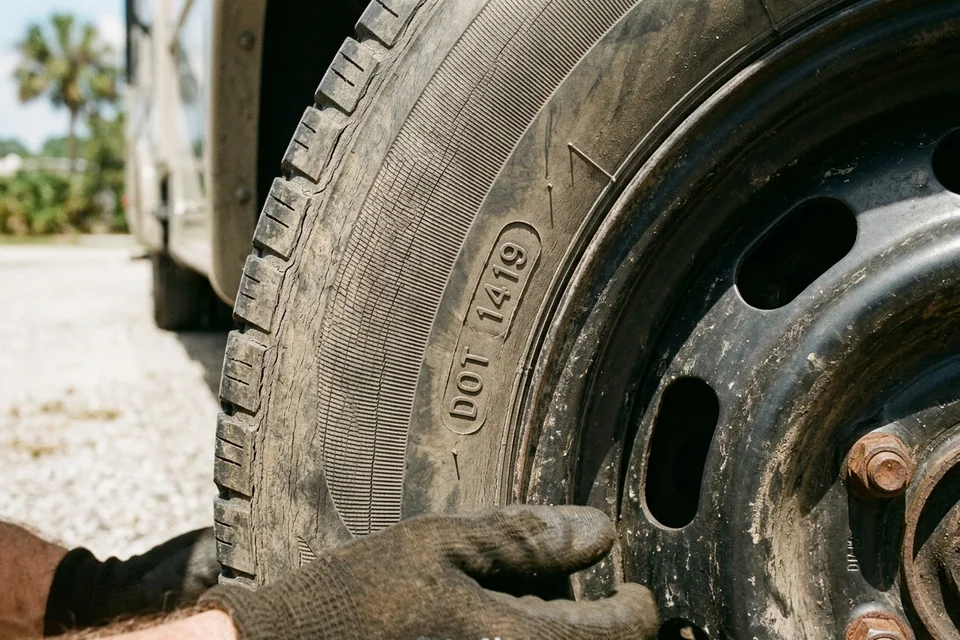 Close view of an RV tire sidewall showing the DOT date code and fine age cracking between the tread blocks