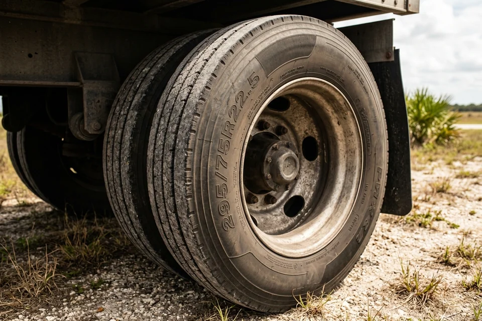Close view of a dual drive tire pair on a semi trailer showing the 22.5-inch wheel and the sidewall size markings