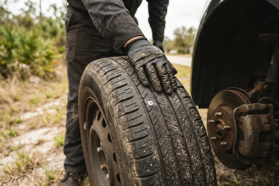 Close view of a technician running a hand across a tire tread to locate a puncture before deciding whether it can be repaired
