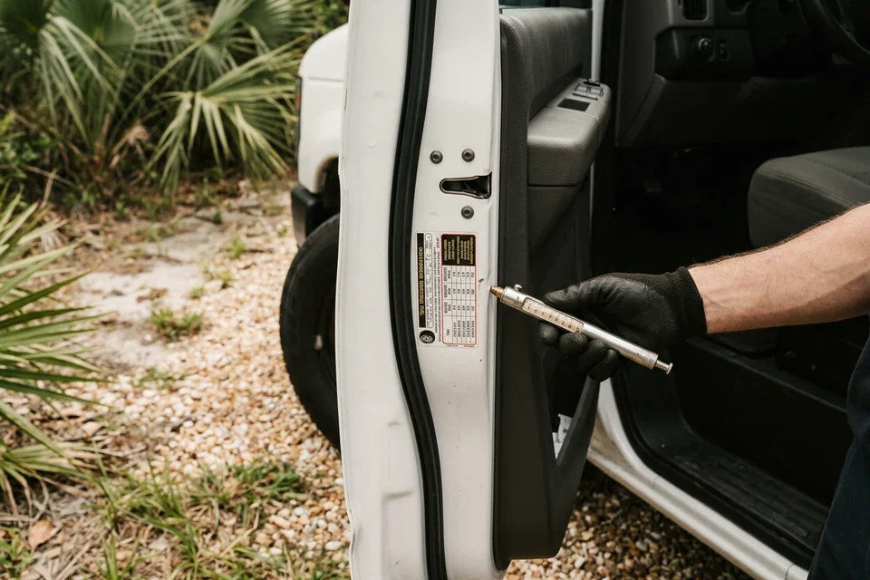 Driver's door open to show the tire pressure placard on the door jamb beside a hand holding a pencil gauge