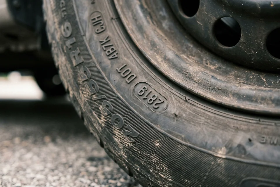 Close view of a tire sidewall with the DOT code and the four-digit date stamp in focus, showing the week and year the tire was made